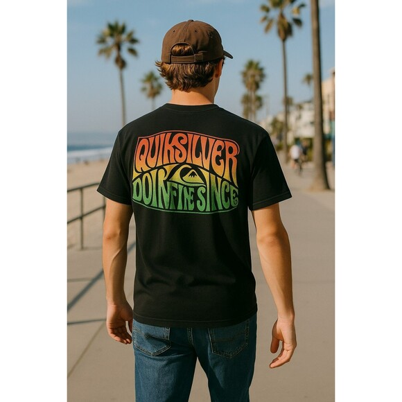 Vintage 90s Quiksilver Surf T-Shirt Black L– Small Chest Logo, Big Back Graphi - Picture 1 of 11